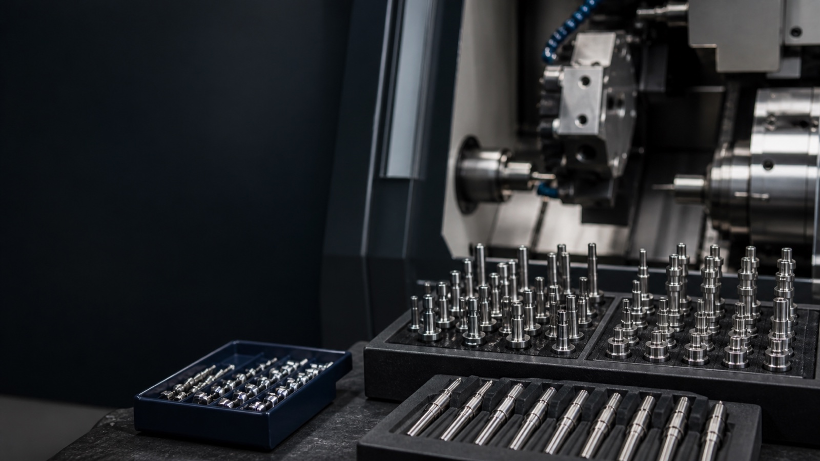 Precision shafts, pins and axles beside a Swiss-type CNC machining area